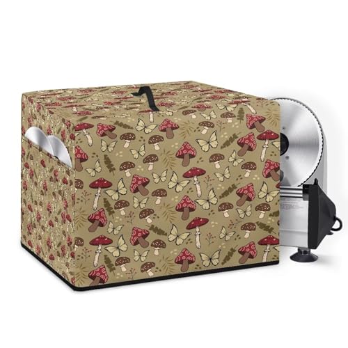 ZCFYGDX Meat Slicer Cover with Organizer Pocket, Fit for Elite for Standard Meat Slicer, Dust-proof Slicer Machine for Home Food Slicer, 16x13x13 Inch (Only Cover) Red Mushroom Butterfly Print