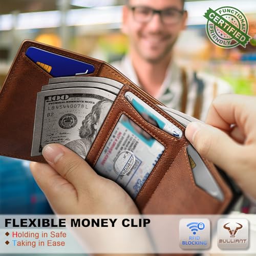 Image of BULLIANT Men Wallet Leather Wallet Card Holders Money Clip for Men 10Cards-Magnetic Flip on Metal Case