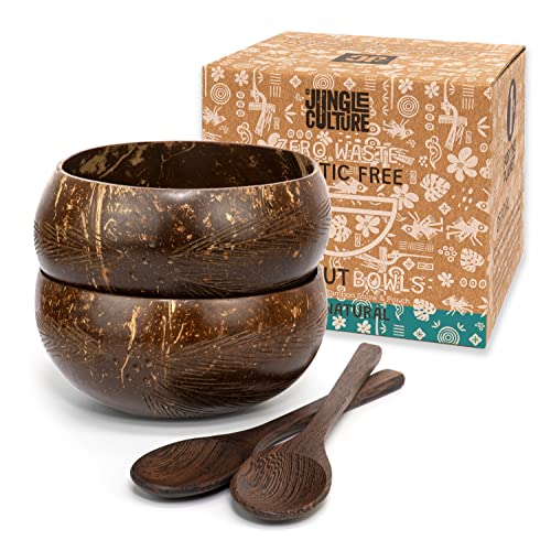 Jungle Culture® Bols Noix de Coco à Motifs avec Cuillères • Lot de 2 Bols en Coquille de Coco avec Paille en Bambou et Pochette • Bol Naturel pour Céréales, Smoothie, Poke, Buddha • Cadeau Artisanal