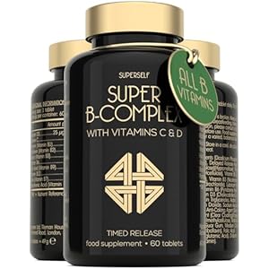 Vitamin B Complex High Strength – Slow Release Super B Complex 60 Tablets – Enriched with Vitamins D & C – Complete Vit B Supplement All 8 Vitamin B12, B6, Folic Acid, Biotin, B1, B2, B3, B5 – UK Made
