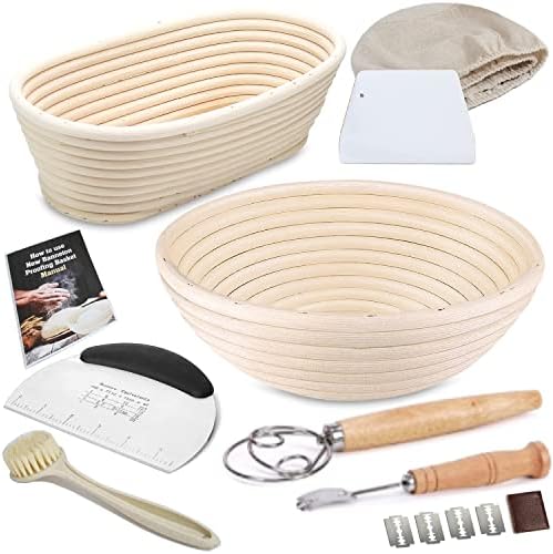 Banneton Bread Proofing Basket set-A complete Sourdough Proofing Basket kit of 9 Inch Round and 10 Inch Oval Bread Baskets with Cloth Liners Dough Scrapers Dough Whisk Bread Lame and Cleaning Brush
