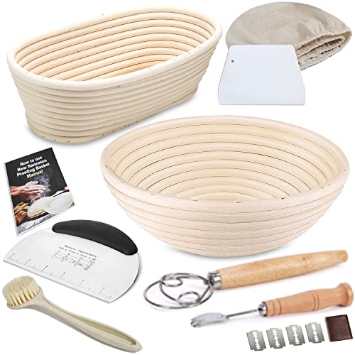 Banneton Bread Proofing Basket Set-A Complete Sourdough Proofing Basket Kit Of 9 Inch Round And 10 Inch Oval Bread Baskets With Cloth Liners Dough Scrapers Dough Whisk Bread Lame And Cleaning Brush #TOP7