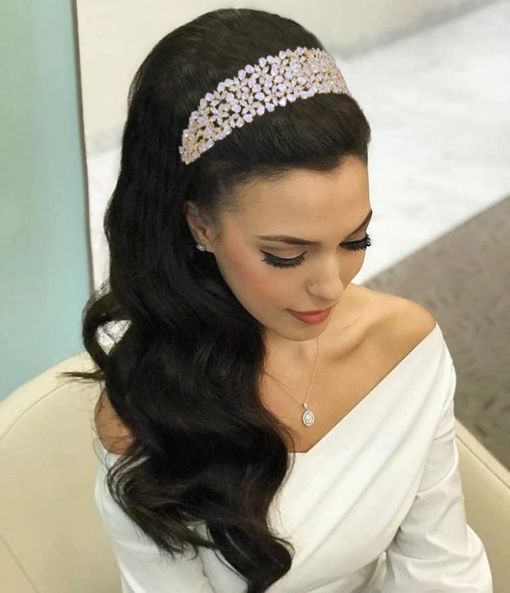 Cubic Zirconia Wedding Bride Headband CZ Tiaras and Crowns for Women Sweet 16 Large Headpiece Hair Accessories (Gold)