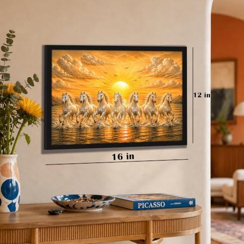 Image of PAINTINGMANTRA 7 White Running Horses Framed Wall Art Painting For Living Room, Vastu Poster with frame for Wall, Decoration item for bedroom, 13x17.5 Inch