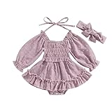 Infant Baby Girls Romper Dots Pattern Headband Ruffles Long Sleeve Onesie Sweet Jumpsuit (T Purple Dots, 0-3 Months)