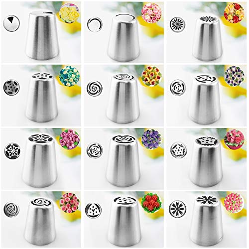 27Pcs Russian Piping Tips Set,Flower Frosting Tips For Cake Cupcake Decorating,12Russian Icing Tips,2Leaf Piping Tips,10Disposable Pastry Bags,1Reusable Silicone Pastry Bag,2Couplers Baking Supplies #TOP4