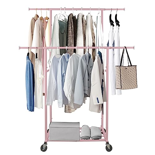 Fishat Portable Pink Double Rods Garment Clothes Rack for Drying with Rolling Clothes Organizer on Lockable Wheels Mobile for Girls Women, 48"W x 15"D x 67"H, Metal Simple Hanging Clothes with 2 Hook by Fishat - Image 7