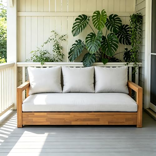 LUMISOL Outdoor Couch 3-Seat Patio Couch, Acacia Wood Low Seating Daybed for Poolside, Backyard, Deck, Front Porch, Indoor Use, Teak+Grey Cushion