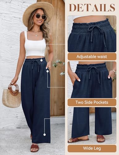 UMIPUBO Womens Cotton Linen Trousers Casual Palazzo Pants Elasticated High Waist Drawstring Wide Leg Beach Pants with Pockets Flowy Loose Lightweight Summer Bottoms Trousers for UK (Navy, S) - Image 2