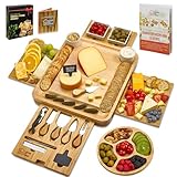 Cheese Board 2 Ceramic Bowls 2 Serving Plates. Magnetic 4 Drawers Bamboo Charcuterie Cutlery Knife Set, 2 Server Forks, Wine Opener, Labels, Markers, Gift for Birthdays, Wedding Registry,Housewarming