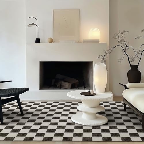 Image of EverGrace Checkered Plaid Area Rug 6x9, Soft Faux Wool Rugs Washable Anti Slip Rugs Large Rug Carpet for Entryway Bedroom Living Room Hallway Kitchen and Laundry Room, Black and White