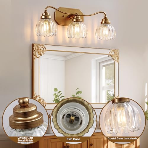 Image of Vintage Bathroom Light Fixtures, Gold Bathroom Vanity Light, Matte Antique Brass Finish with Crystal Glass Shade, Wall Sconces Lighting for Bedroom, Living Room, Hallway (Gold, 3-Light)