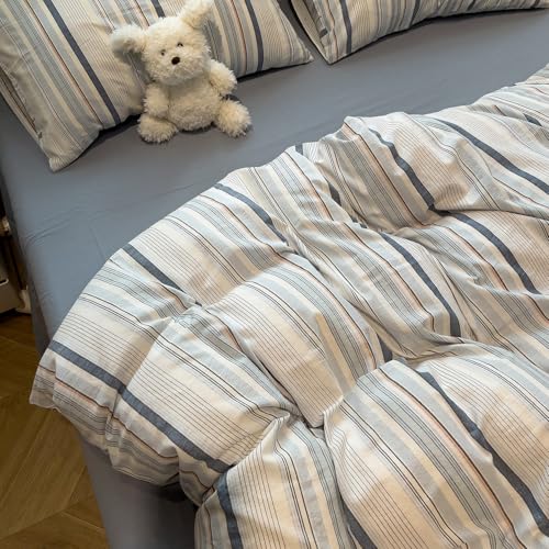 Image of mixinni Vintage Blue and White Striped Duvet Cover Set King - 100% Washed Cotton 3 Piece Bedding Set with Geometric Pattern, Soft Breathable Comforter Cover with Zipper Closure & Corner Ties