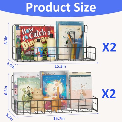 Image of MFTEK Wall Mounted Metal Kids Bookshelf - Wall Book Shelf for Kids Rooms, Hanging Book Shelves Organizer for Room Decor, Nursery Classroom Home Floating Bookshelves Gloss Black 4 Pack
