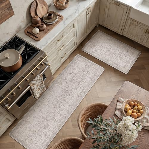 Kitchen Mats 2PCS Anti Fatigue Cushioned Mat Light Brown Vintage Kitchen Mats for Floor Waterproof Non Slip Comfort Standing Retro Floral Rug for Sink Laundry Office 17.3"x59"+17.3"x30" Acce