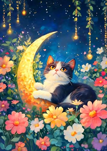 Image of SANYUN Cat Diamond Art Kits for Adults,Diamond Painting Kits for Beginners Flowers & Moon,5D DIY Round Diamond Dot Painting with Tools for Holiday Gift and Home Decor(12x16inch)
