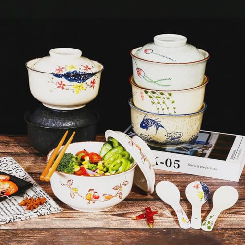 Miniatura 8 de Ceraozmus Juego De Cuencos De Cerámica Para Ramen De 800 Ml Con Tapa, Cuchara Y Palillos, Cuencos De Sopa Grandes Vintage Japoneses, Cuenco De Fideos Instantáneos, Vajilla Asiática Pescado 1