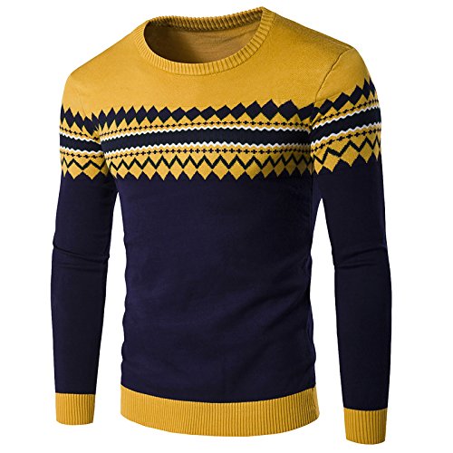 Pulôver masculino de malha WSLCN de manga comprida com estampa asteca, Amarelo, L