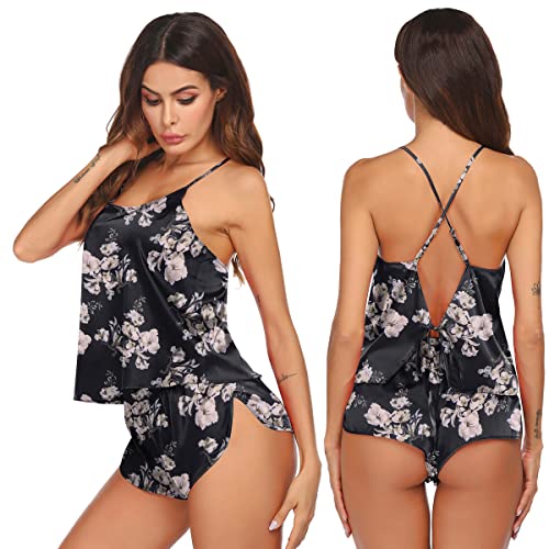 Image of Ekouaer Silk Pajamas Set for Women Satin Backless Lingerie Pjs Cami Top and Shorts Nightwear