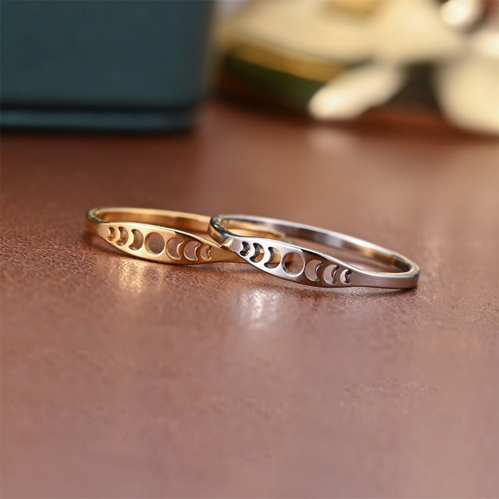 Minimalist Stainless Steel Moon Rings, Moon Phase of the Wedding Statement Promise Anniversary Band Ring for Women