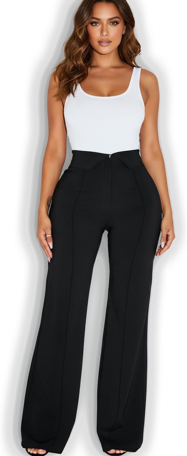 Women's High Waisted Dress Pants with Waist Lapel Wide Leg Stretchy Work Pants Wrinkle Free Business Casual Trousers
