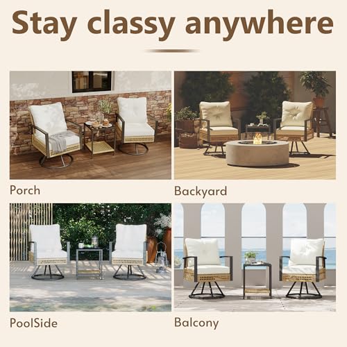 Rotihom 3 Piece outdoor swivel chair set of 2, outdoor swivel patio chairs with Wood-Grain Tabletop Coffee Table and 6\" Thick backrest, front porch furniture for Patio, Backyard, Deck, Poolside(Beige)