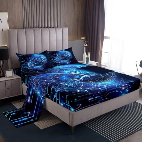 Loussiesd Juego de sábanas de baloncesto azul neón, tamaño King, para niños, adolescentes, juego de ropa de cama con líneas geométricas de rayas, sábana bajera ajustable de bolsillo profundo + 2