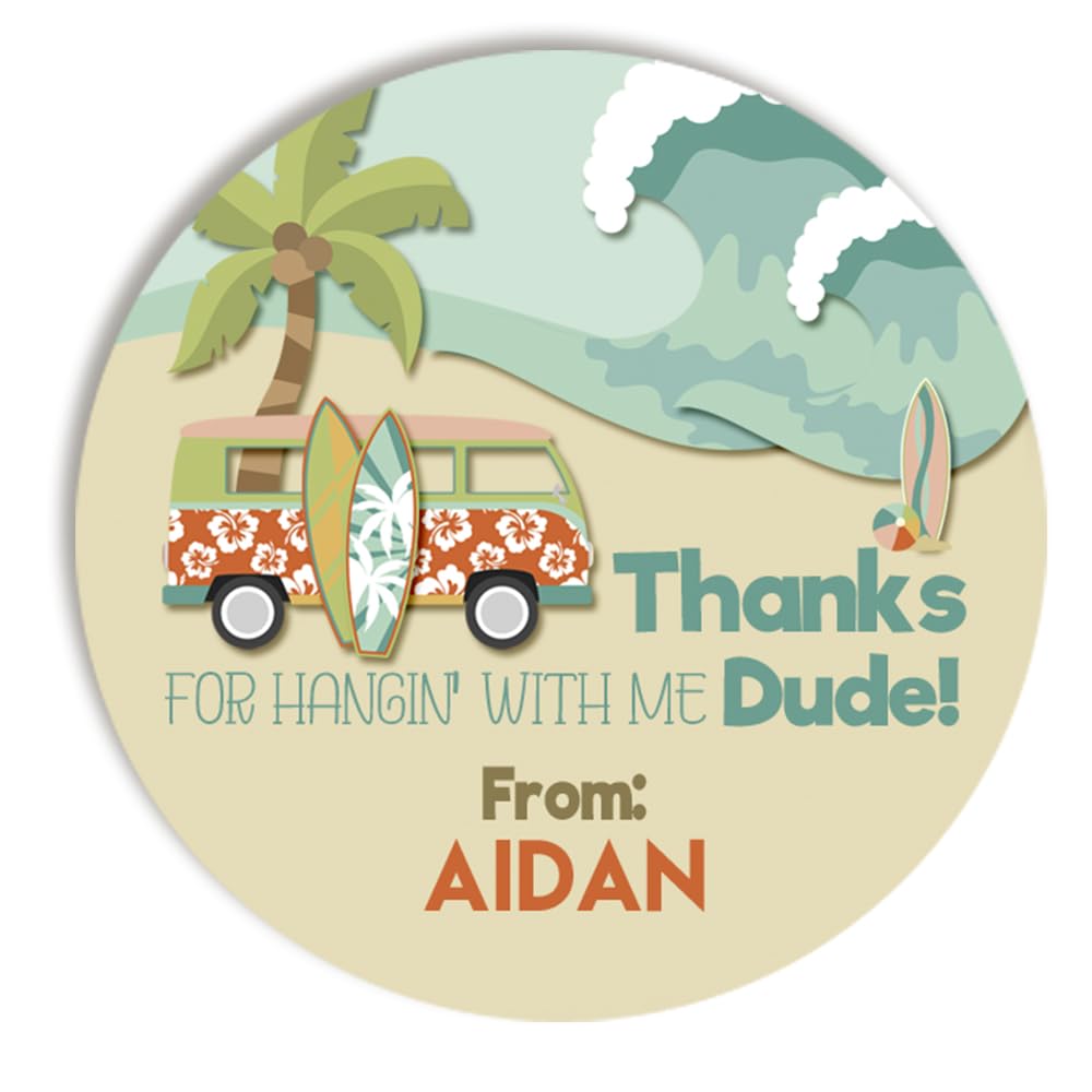 Personalized Surfing Stickers – 40 2 Inch Birthday Surf Party Favor Stickers - Labels for Envelopes & Party Favors & Treat Bags. Custom Thank You