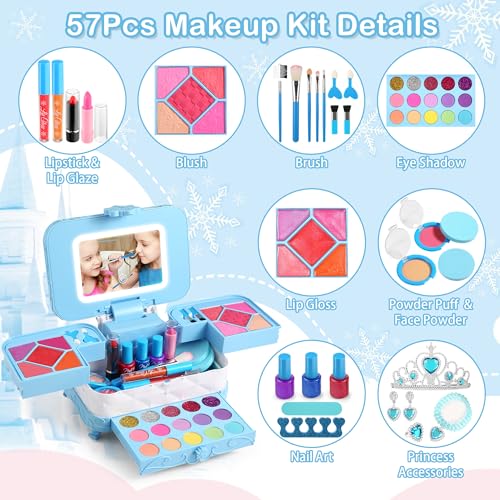57 in 1 Kids Makeup Kit With 3-Color LED Mirror, Real Washable, Perfect Girl Birthday Gift, Age 3+