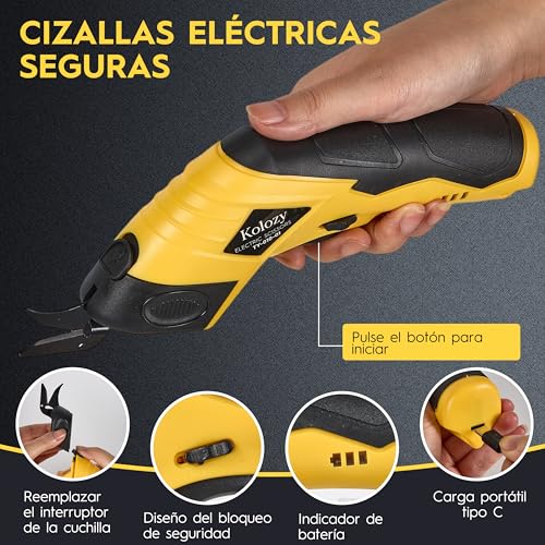 Miniatura 6 de Kolozy Tijeras Eléctricas Costura Sin Cable, Cortador De Carton Recargable 4v Batería 2500 Mah 10000 Rpm Con 2 Cuchillas, Cutter Eléctrico Apto Para Tela Cartón Alfombras Fieltro Cuero Plástico