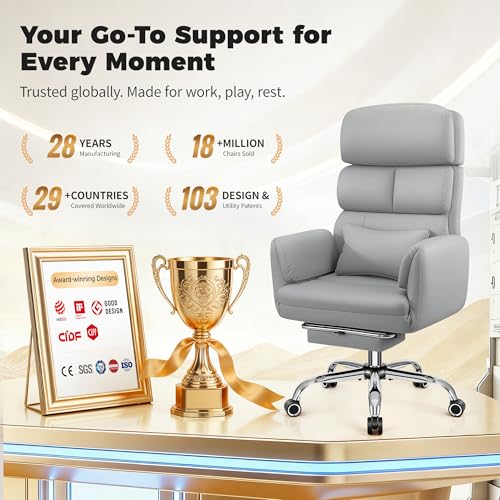 Image of Big and Tall Office Chair 500LBS, Ergonomic High Back Leather Executive Chair, Reclining Swivel with Adjustable Armrests Lumbar Support Footrest, Cross Legged, Light Gray