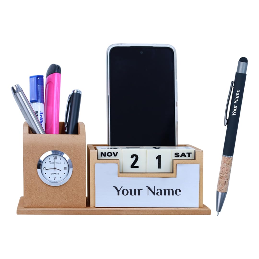 Giftana Personalized Desk Organizer with Pen Stand, Clock, Mobile Holder, Perpetual Calendar,and Custom Name Engraved Pen – Beige & Silver Office Tabletop Accessory,2 in 1 Customized Gift for Employee