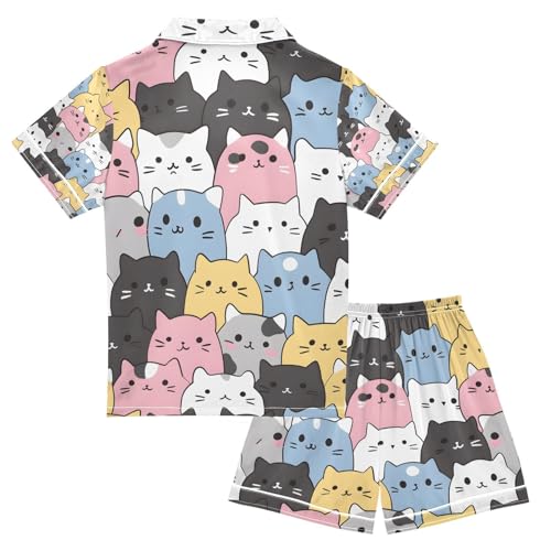 senya Cats Head Colorful Satin Summer Pajama Sets Silk Short Sleeve Button Down Sleepwear2