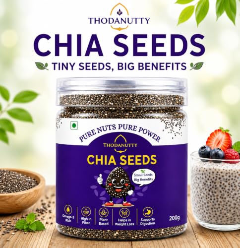 Image of ThodaNutty Premium Chia Seeds 200g | Raw Seeds for Eating | Rich in Omega 3, Protein, Calcium, Iron & Dietary Fibre | Healthy Superfood for Smoothies, Salads & Weight Management