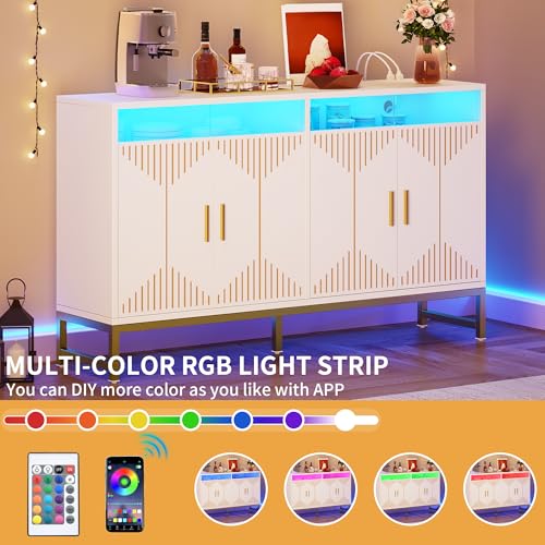 DWVO Modern Kitchen Storage Cabinet with Power Outlet and LED Light, 55" Sideboard Buffet Cabinet with Storage for Living Room, Kitchen, Hallway, White/Gold