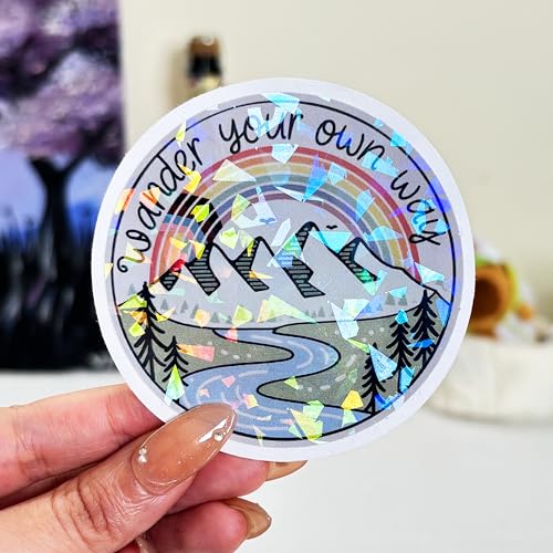 Image of (3 Pcs) Wander Your Own Way Sticker LGBTQ Stickers Rainbow LGBT Mountain Sticker LGBTQ+ Pride Stickers for Water Bottle Phone Case Gifts for LGBT Community Friends Coworker Besties 3 inchx3 inch (Hologram)