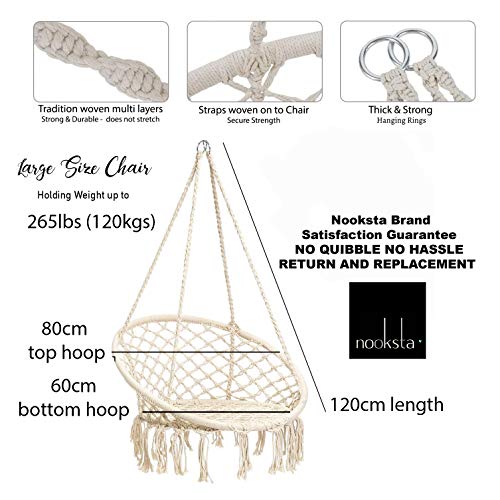 NOOKSTA Hammock Chair -Ultimate Comfort Hanging Chairs for bedrooms Set- Hanging Chair, Deluxe Cushion for Macrame Swinging Chairs & Hanging kit. Boho Decor Perfect for Outdoor Chair or Bedroom Swing