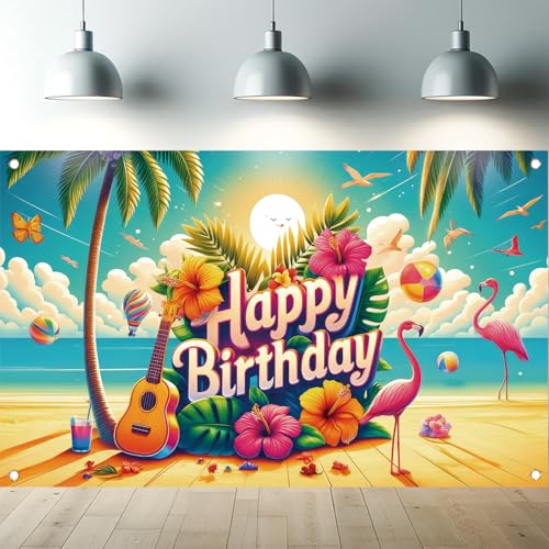 Image of Summer Happy Birthday Backdrop Banner Tropical Hawaiian Flamingo Flowers Palm Leaves Photography Background Aloha Beach Baby Shower Luau Party Supplies Photo Booth Props 71 x 43 Inch