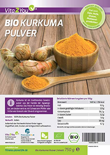 Foto von Vita2You Kurkuma Pulver Bio 750g - höchste 3-5% Curcumin - Rohkost-Qualität - natürliches Kurkumin - Kurkumapulver - Curcuma gemahlen - Laborgeprüft - Premium Qualität
