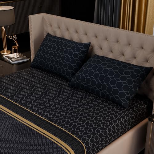 Image of Stoa Paris 100% Bamboo Cotton King Size Fitted Bedsheet with 2 Pillow Covers, 200TC Printed Bed Set, Breathable, All-Season Comfort, Home Decor, Imperial Grandeur -Obsidian Suite(182cmx198cm+30cm)