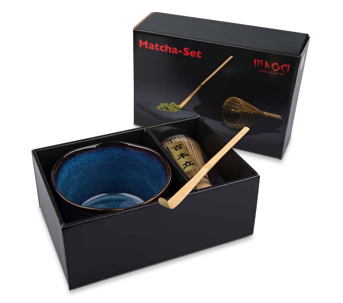 MAOCI Matcha Tee Set dreiteilig (blau) mit Matchaschale, Matchabesen und Matchalöffel - Geschenkkarton