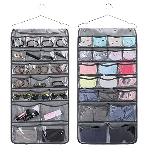 ANZORG Dual Sided Hanging Organizer for Jewelry Makeup Storage Closet Organizers for Bows Socks Underwear with 42 Clear Pockets (GREY) Cover