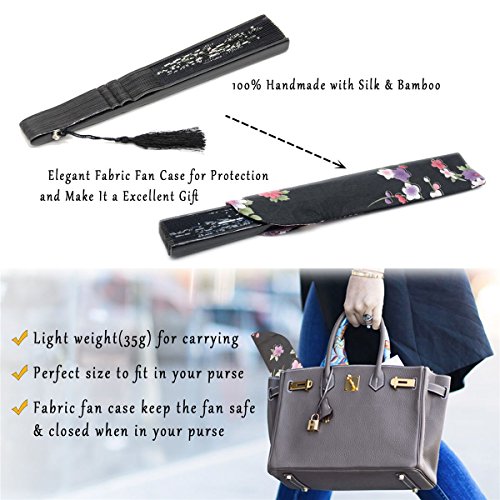 Omytea® 8.27"(21Cm) Women Hand Held Silk Folding Fans With Bamboo Frame - With A Fabric Sleeve For Protection For Gifts - Chinese/Japanese Style Butterflies And Morning Glory Flowers Pattern (Black) #TOP4