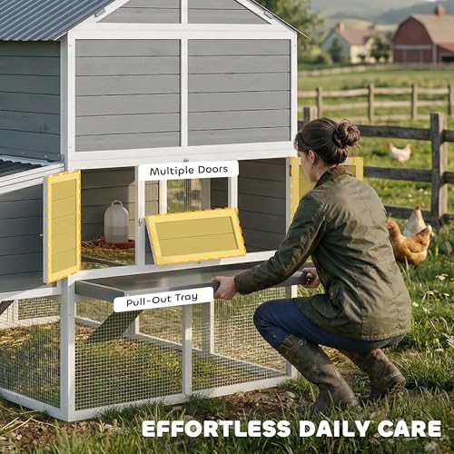 Image of PawHut 77 inch Large Chicken Coop for 6-8 Chickens, Outdoor Wooden Hen House Poultry Cage with Run, 3 Nesting Boxes, Waterproof Roof, Removable Tray, Ramp for Farm Backyard, Gray
