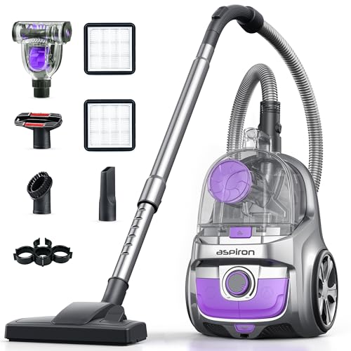 Aspiron Canister Vacuum Cleaner, 40Kpa Bagless Vacuum Cleaners, 4QT Large Dust Cup, Double HEPA Filter, Retractable Cord, 1600W Lightweight Vacuum Cleaner with 5 Tools for Hard Floors, Violet