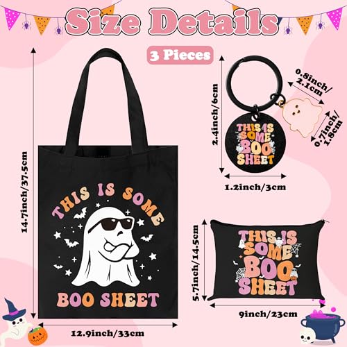 Halloween Ghost Canvas Bags - 3Pcs This Is Some Boo Sheet Funny Canvas Cosmetic Pouch Tote Bag Keychain, Reusable Grocery Fold Shopping Bag, Halloween Boo Basket Ghost Gift for Party Birthday4