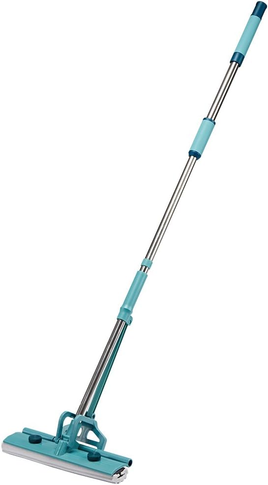 Finether PVA Sponge Mop Single-Roller Stainless Steel Absorbent Floor Mop Wet Mop with Two Sponge Mop Heads One Telescoping Handle Easy Wringing Action for Home Hardwood Floor Laminate Tile Window