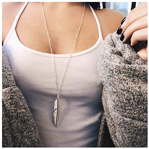 TseanYi Boho Feather Pendant Necklace Silver Long Drop Necklace Chain Vintage Chain Neck Jewelry for Women and Girls