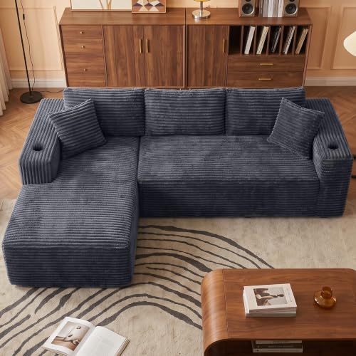 Image of 103 inch Modular Boneless Couches,Sectional Sofa for Living Room with 2 Cup Holders,Memory Foam Cloud Couch with L Shaped Oversized Chaise,No Assembly Needed Plush Corduroy Sofa,Dark Gray