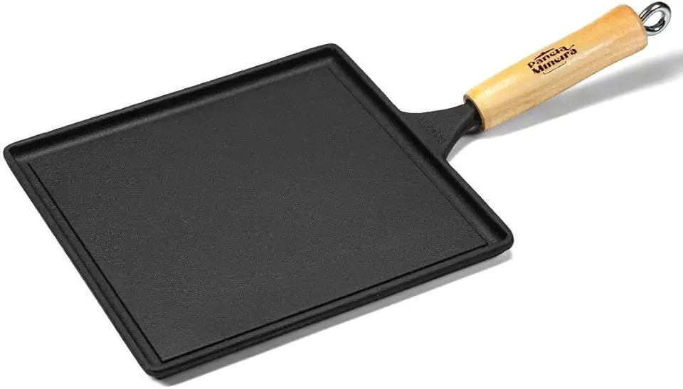 Bifeteira Lisa Quadrada Ferro Fundido 26x26x1,5cm com Cabo de Madeira Panela Mineira Compatível com Indução, Gás, Elétrico, Lenha, Vitrocerâmico e Forno